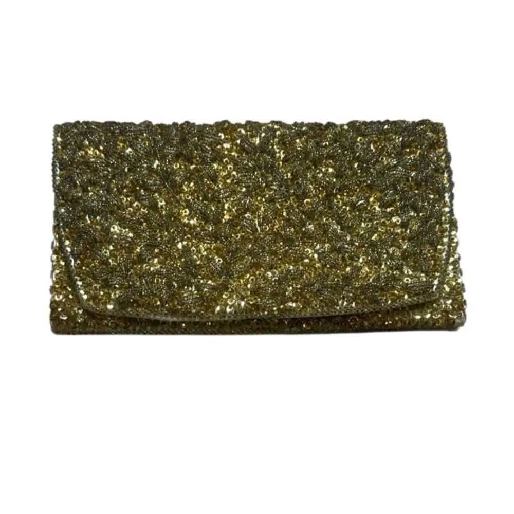50s 60s Vintage La Regale Gold Beaded Sequin Satin Clutch